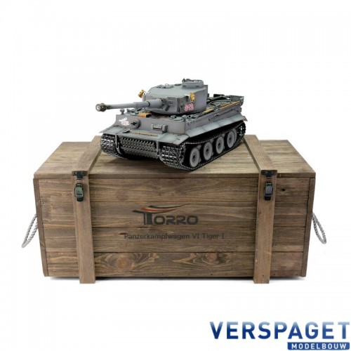 RC Pro-Edition Tiger 1 Early Version grau Tank metal edition IR geleverd in luxe houten krat & Rook uit de loop Versie -11501-GY